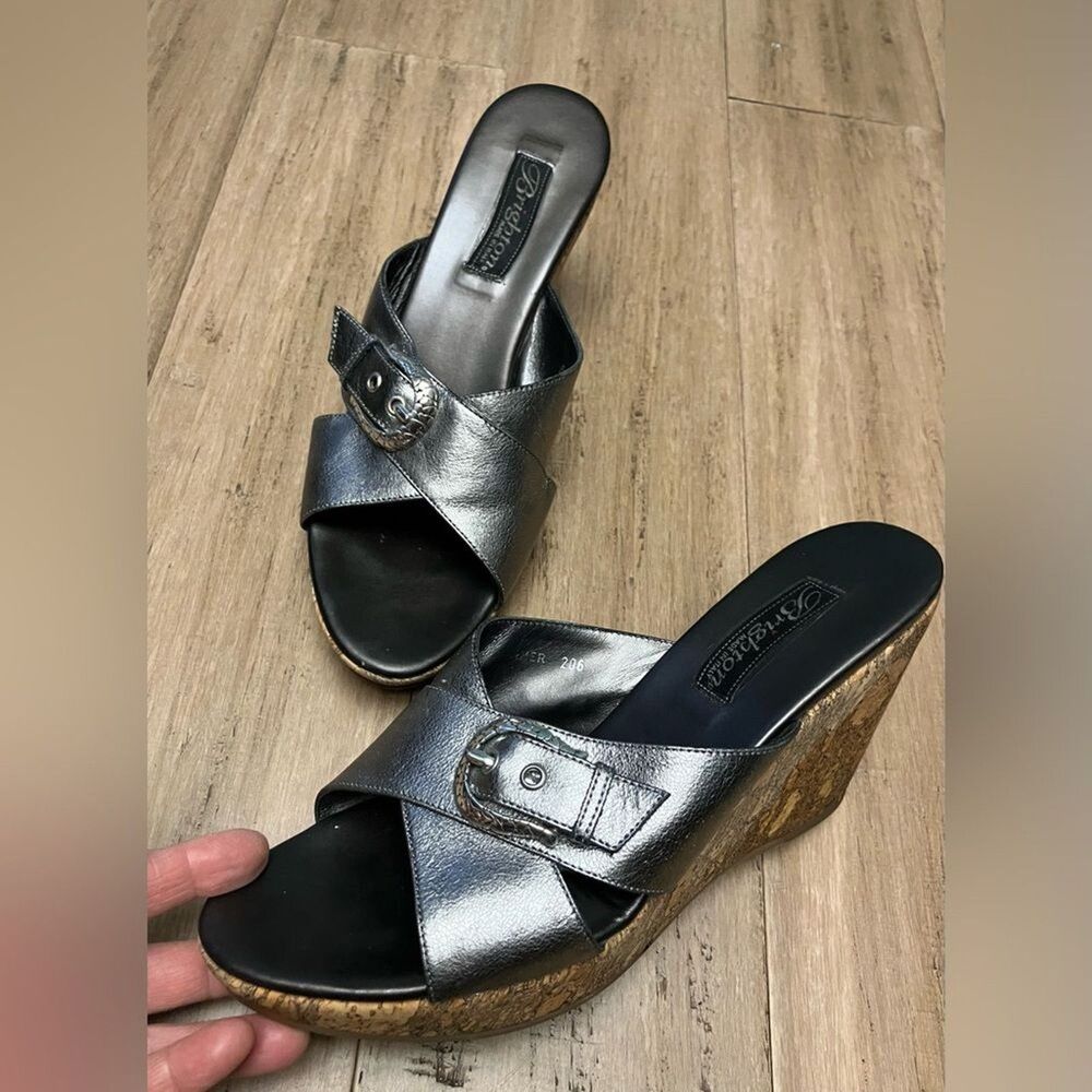 Brighton made in Italy silver side buckle slip on women’s wedge heels. Size 8.5